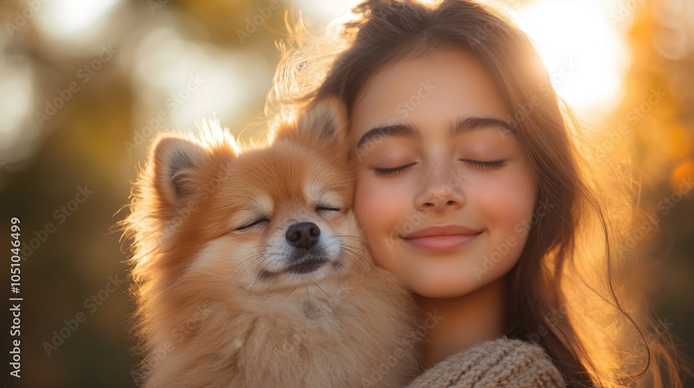 Young Woman Embracing Her Dog in Warm Sunset Glow with Joyful Expressions Young Woman Embracing Her Dog in Warm Sunset Glow with Joyful Expressions