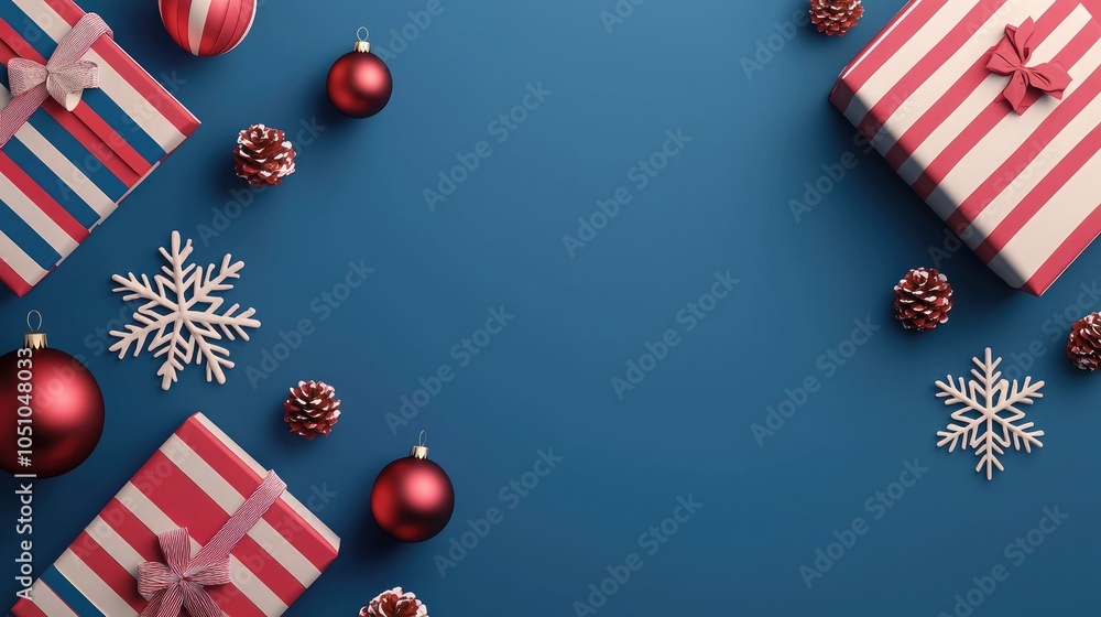 Obraz premium Festive holiday decorations featuring colorful gift boxes, ornaments, and snowflakes on a vibrant blue background.