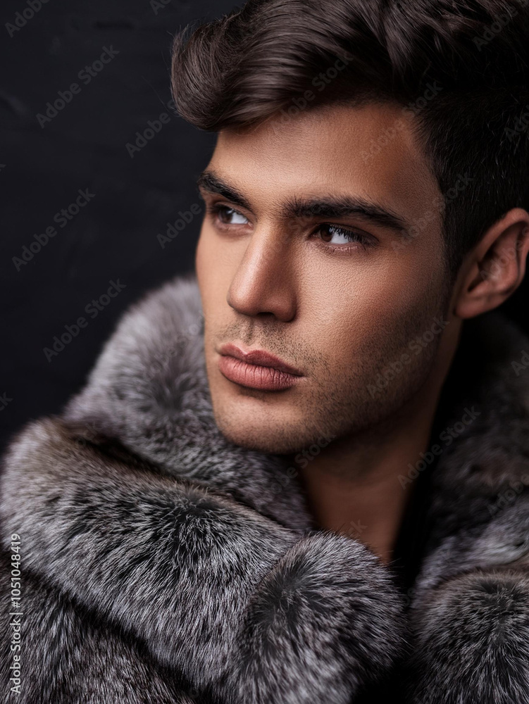 Portrait of a man wearing a luxurious fur coat, showcasing fashion and style against a dark background. Men's winter fashion. Portrait of a man wearing a luxurious fur coat, showcasing fashion and style against a dark background. Men's winter fashion.