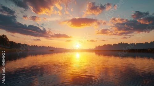 Serene sunset over calm water with vibrant clouds and reflective colors.