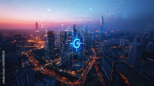 Wallpaper Mural Futuristic urban skyline with digital connectivity at dusk Torontodigital.ca