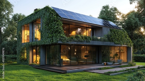 Sustainable modern home with lush greenery and solar panels embracing nature and technology