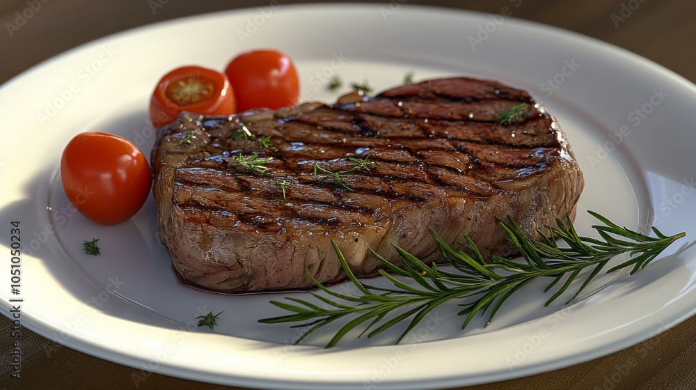 Grilled Steak on White Plate with Fresh Garnish Grilled Steak on White Plate with Fresh Garnish