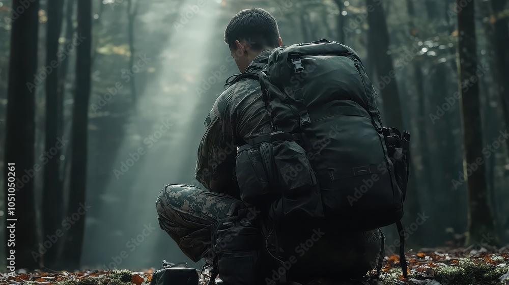 Soldier Sitting in Forested Area with Backpack Soldier Sitting in Forested Area with Backpack