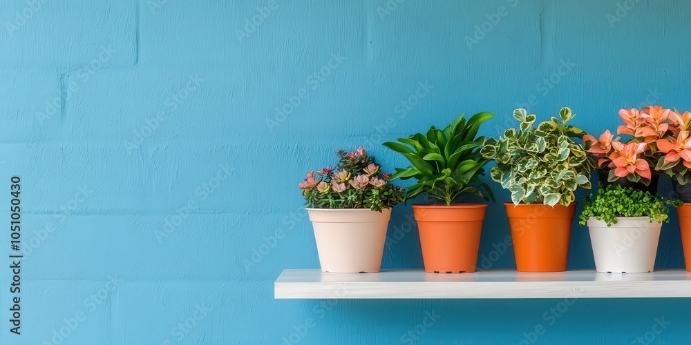 A vibrant shelf displays a variety of potted plants against a blue wall, adding a fresh and decorative touch to the space. A vibrant shelf displays a variety of potted plants against a blue wall, adding a fresh and decorative touch to the space.