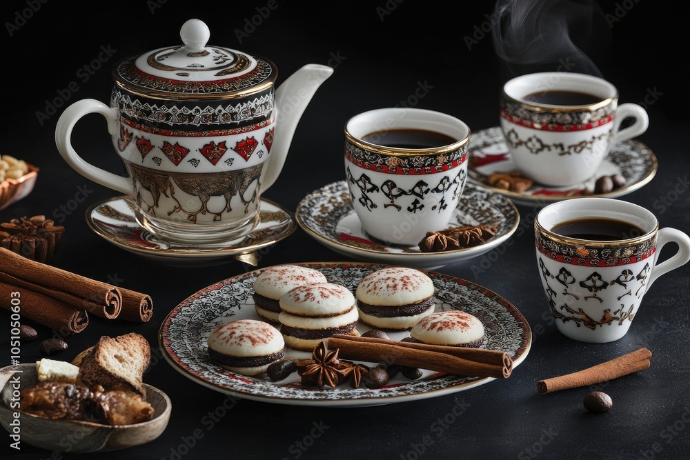 Fototapeta premium Coffee and Pastries with Cinnamon and Star Anise in Ornate Cups and Saucers