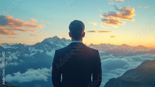 Man in suit overlooking mountains during sunset, reflecting on life.