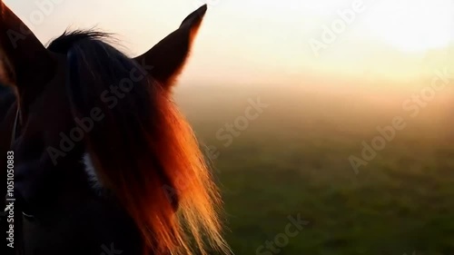 Brown Horse Standing in a Foggy Meadow photo