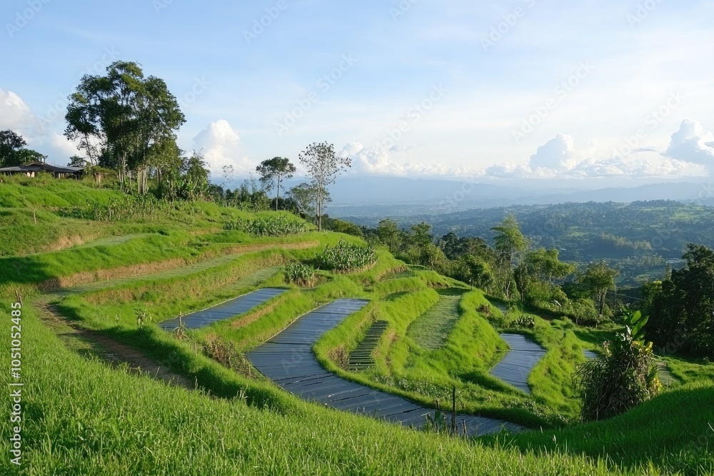Fototapeta premium Green Hillsides with Lush Greenery and Terraced Rice Paddies