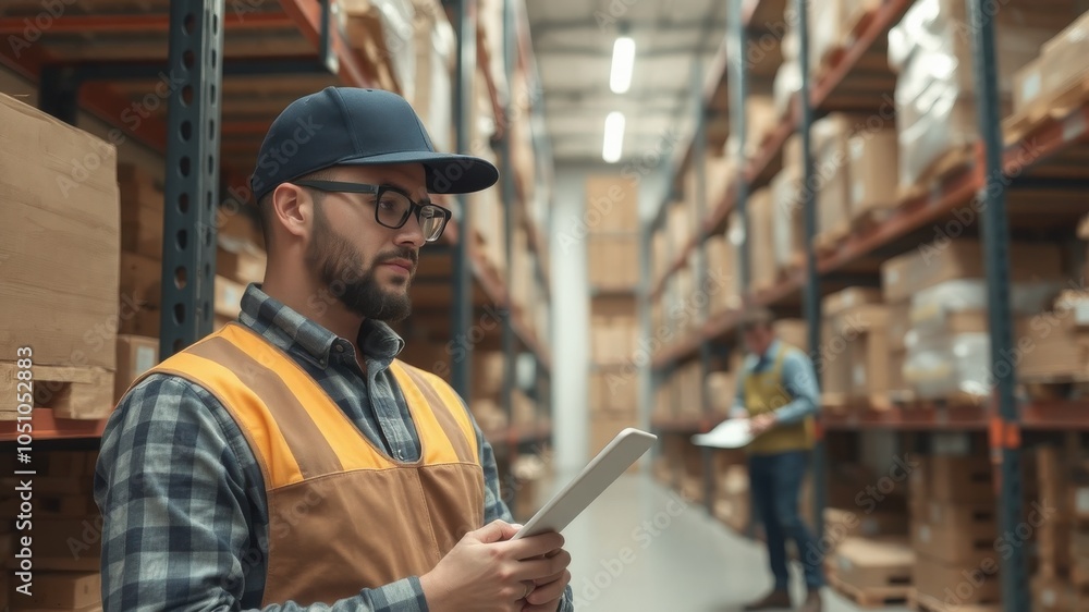 Warehouse worker checking inventory on a tablet in storage area. Warehouse worker checking inventory on a tablet in storage area.