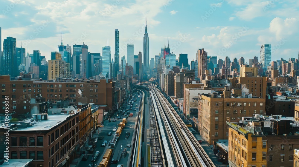 Fototapeta premium Drone tracking a subway line through the cityscape hypermaximalist advertising photography hyper realistic fine detail