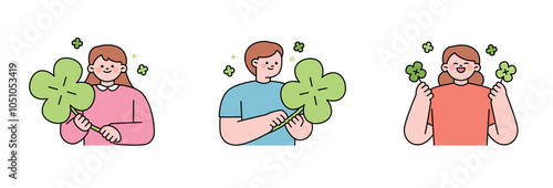 People are holding large lucky clovers and smiling happily. outline simple vector illustration.