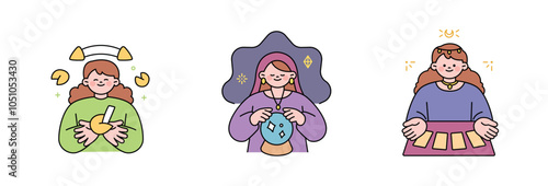 Fortune tellers. Fortune cookies, crystal balls, and tarot cards are symbols of superstitious good luck. outline simple vector illustration.