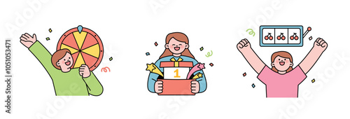 People who are happy after winning the first prize in a game of luck. outline simple vector illustration.