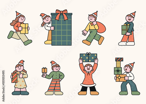 Cute Christmas characters. They are holding gift boxes. outline simple vector illustration.