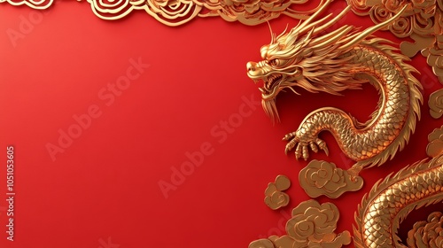 Wallpaper Mural Happy Chinese New Year. 3D Illustration of Gold Dragon on Red Background Torontodigital.ca