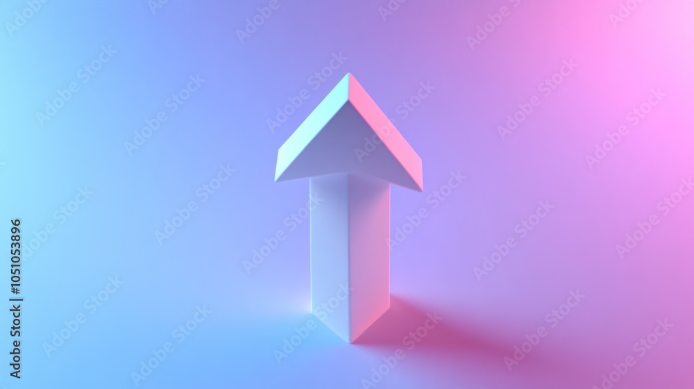 White 3D Arrow Pointing Upward Against a Gradient Blue and Pink Background White 3D Arrow Pointing Upward Against a Gradient Blue and Pink Background