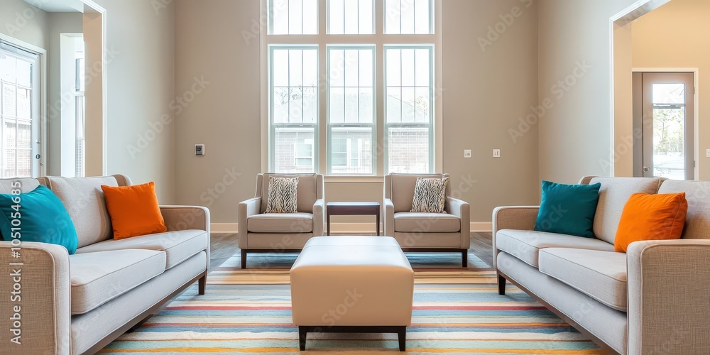 Modern living room featuring stylish sofas and colorful cushions, illuminated by natural light from large windows. Modern living room featuring stylish sofas and colorful cushions, illuminated by natural light from large windows.
