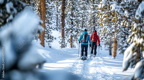 Two individuals snowshoeing on a snowy trail surrounded by tall evergreen trees in winter
