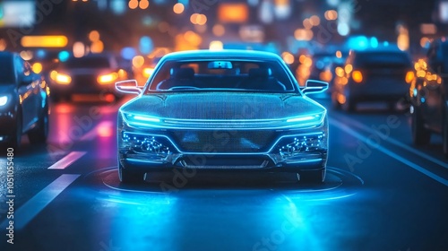 Futuristic Self-Driving Car on City Street at Night