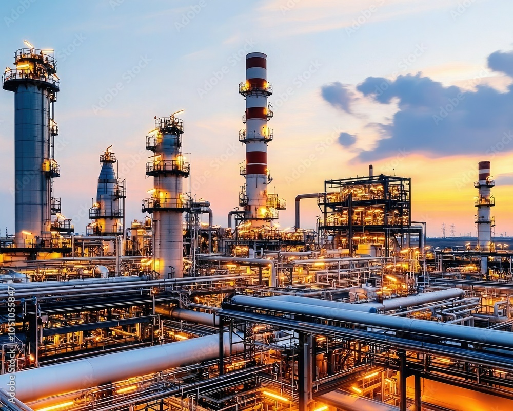 Stunning sunset view of a modern refinery with tall chimneys and intricate pipelines glowing in the evening light. Stunning sunset view of a modern refinery with tall chimneys and intricate pipelines glowing in the evening light.
