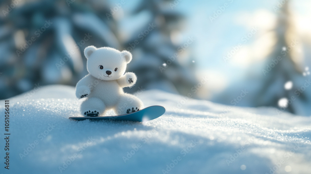 A cute polar bear toy snowboarding on a snowy slope during a sunny winter afternoon