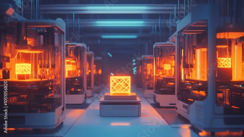 Futuristic 3D Printing Factory with Glowing Objects