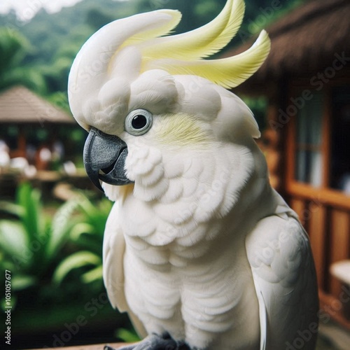 Standing on a ledge is a white parrot with a yellow beak, known as a sulfur-crested cockatoo. photo