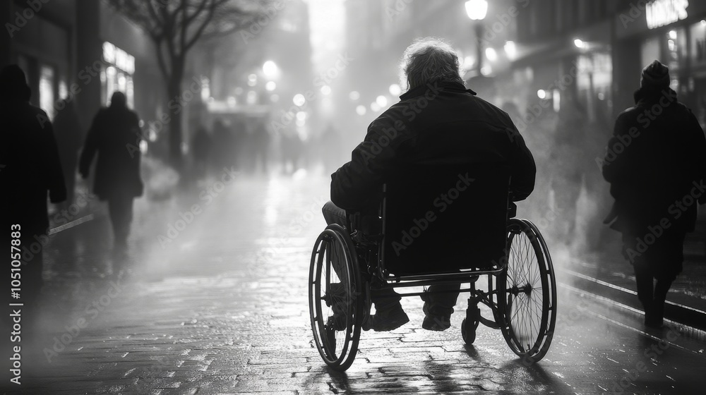 Obraz premium Persona con discapacidad en silla de ruedas por la calle. Concepto de ayudas al anciano y superación.