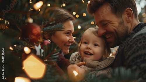 Family of three, mother and father with their daughter aged about five years standing next to Christmas tree while they put decorations on it smiling at each other photo