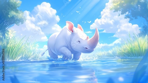 Illlustration of rhino cartoon in the river