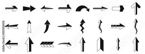 Straight long arrow icons set. Set of different arrow icons indicating various directions, perfect for highlighting movement, progress, or choice