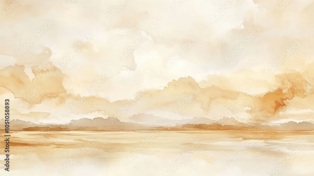 Obraz premium Abstract Watercolor Landscape with Golden Hues and Cloudy Sky