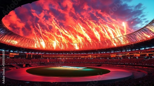 Gran inauguración en un Stadium olímpico con fuegos artificiales y luces espectaculares, la ovación del público es inmensa. Concepto de festival o inauguración.

 photo