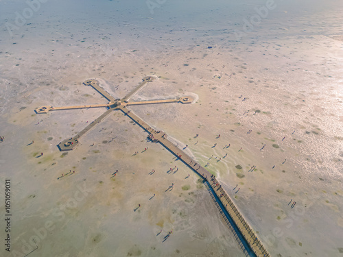 Top drone view of the boardwalk in Chaka salt lake in Qinghai, China photo