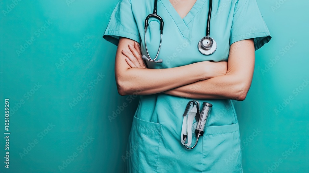 Doctor with Arms Crossed Wearing Blue Scrubs, Stethoscope, and Syringe in Pocket Doctor with Arms Crossed Wearing Blue Scrubs, Stethoscope, and Syringe in Pocket