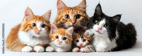 A charming group of five adorable cats posing together, showcasing diverse fur patterns and colors against a soft background.