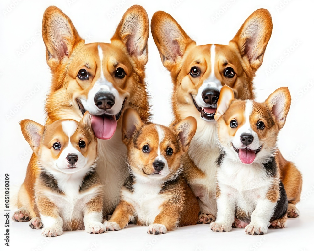 Obraz premium A cheerful group of corgis, showcasing their playful nature and adorable features, perfect for pet lovers and family themes.