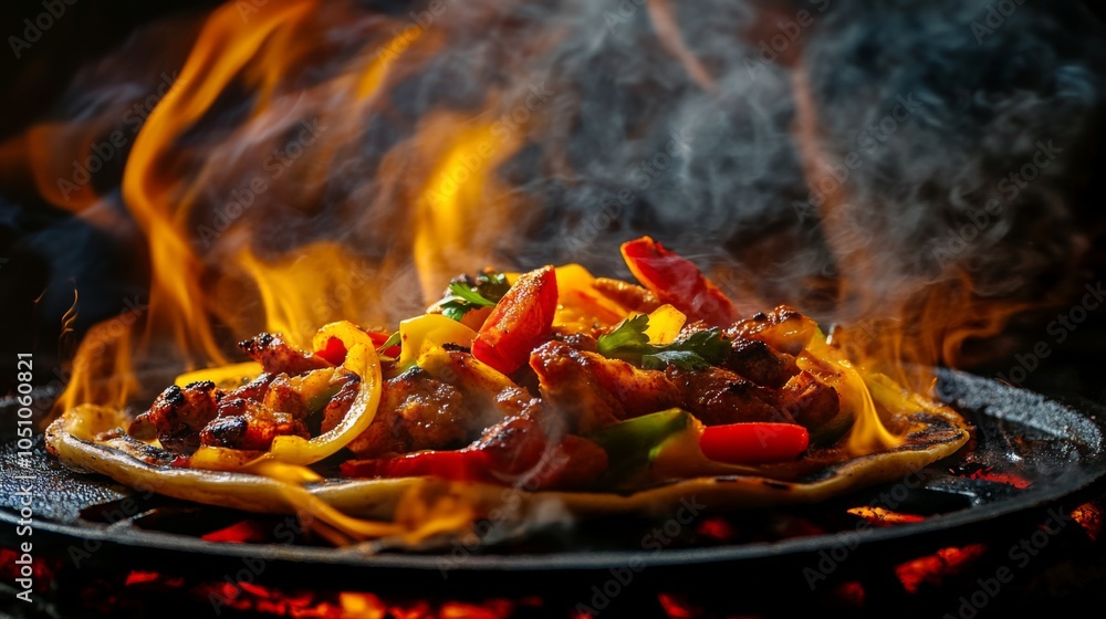 Vibrant Fajitas with Colorful Vegetables and Flames