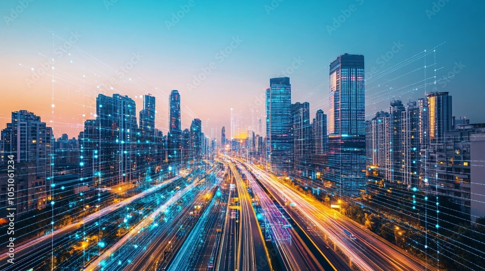 Fototapeta premium Futuristic Cityscape with Digital Network Overlay