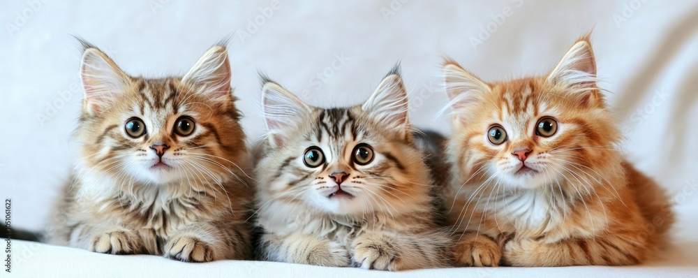 Three adorable kittens with fluffy fur and big eyes, resting closely together on a soft surface, showcasing their playful nature. Three adorable kittens with fluffy fur and big eyes, resting closely together on a soft surface, showcasing their playful nature.