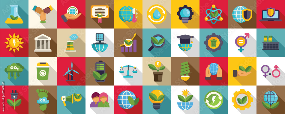 Esg icons set. Diverse set of colorful icons representing key concepts of ecology, sustainability, and environmental protection Esg icons set. Diverse set of colorful icons representing key concepts of ecology, sustainability, and environmental protection