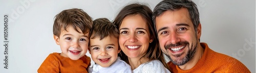 Joyful family portrait with smiling parents and children, showcasing love and happiness in a bright, neutral setting.