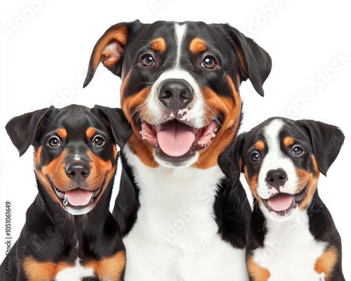 Three happy dogs pose together, showcasing their playful nature and friendly temperament against a white background.