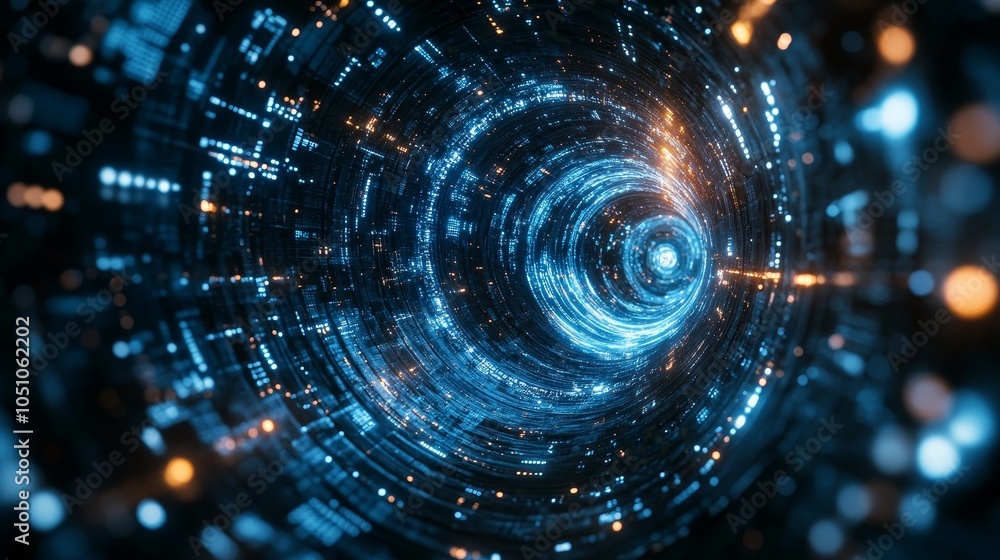 Obraz premium The dynamic abstract image displays a radial vortex formed by a chaotic data cluster, highlighting the complexity and motion of information in a striking way