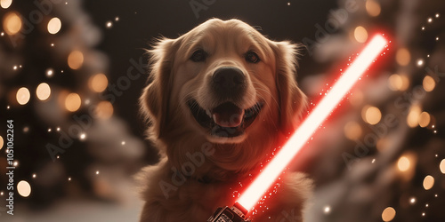 Golden retriever dog holding red lightsaber posing by decorated christmas tree photo