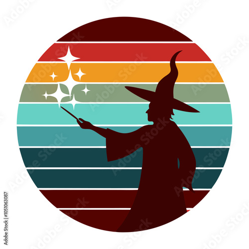 a wizard casting a spell with glowing sparks silhouette retro design