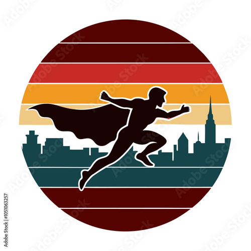 superhero flying over a busy city silhouette 