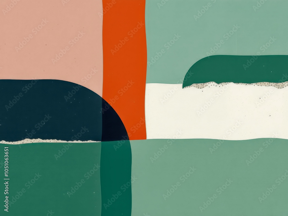 A colorful abstract painting with green, red, and blue shapes. The painting has a modern and artistic feel to it