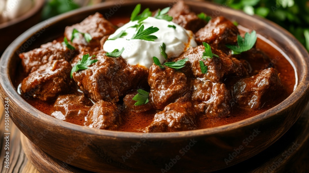 Goulash with Sour Cream on Rustic Background Goulash with Sour Cream on Rustic Background